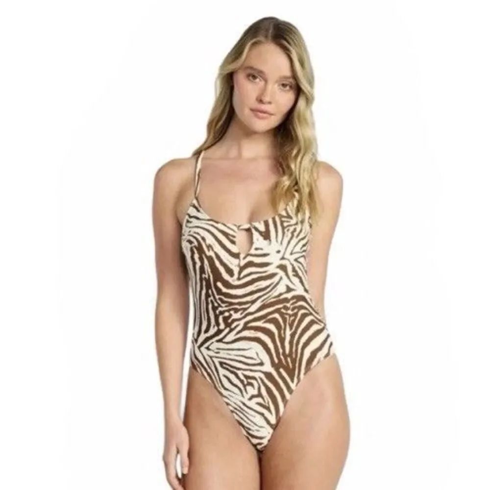 NEW No Boundaries One Piece Swimsuit XXS Brown White Zebra Print Keyhole Cutout